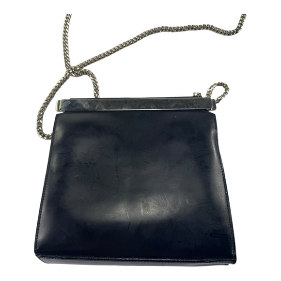 Joan & David Black Leather Purse Silver Metal Chain Strap